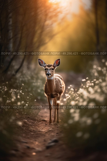 A deer stands in the center of a dense forest surrounded by trees and foliage, alert and cautious of its surroundings. Стоковое AI-изображение, AI-художник Данила Большаков / Фотобанк Лори