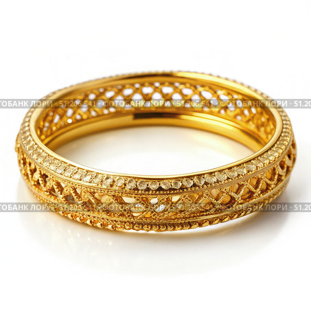 A Delicate Gold Bangle With Intricate Latticework Design on a White Background. Generative AI. Стоковое AI-изображение, AI-художник Roman Zavorotny / Фотобанк Лори