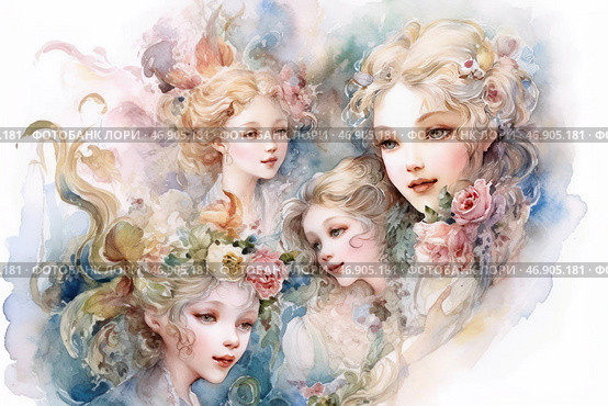 A delicate watercolor illustration of four young girls in a romantic style. Their faces are refined, with soft features, expressive eyes and a light blush. They are surrounded by flowers, leaves and airy curls, creating a feeling of ephemerality and dreaminess.Pastel shades of blue, pink, gold and white create an atmosphere of lightness and airiness, and smooth transitions of watercolor brushstrokes give the image a fairy-tale quality. The composition is reminiscent of scenes from Victorian or mythological tales, where the girls embody tenderness, harmony and the spring awakening of nature. Стоковое AI-изображение, AI-художник Анна Кривицкая / Фотобанк Лори
