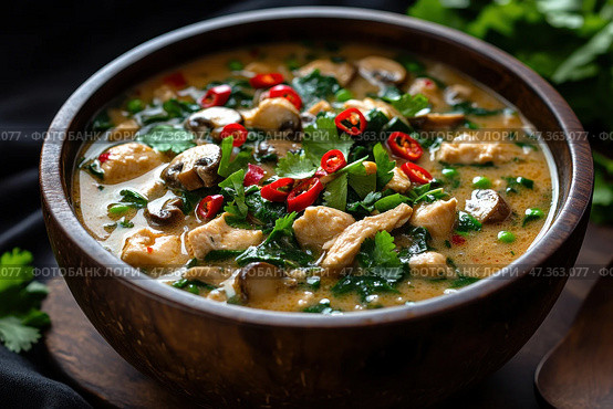 A delicious and aromatic dish, presumably an Asian spicy soup with chicken, mushrooms and herbs. A thick broth filled with pieces of chicken fillet, champignons, green peas, spinach leaves and parsley is served in a wooden bowl. On top are slices of red hot chili pepper, adding piquancy and brightness to the dish. The background is dark, which emphasizes the rich colors of the ingredients. The scene conveys the warmth of home cooking and the rich taste of traditional food. Стоковое AI-изображение, AI-художник Анна Кривицкая / Фотобанк Лори