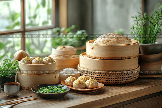 A delicious composition of a traditional Asian lunch, including steamed dumplings (dim sum or xiaolongbao) cooked in bamboo steamers. Plates of greenery, a cup of tea, fresh herbs and steaming lids are arranged on a wooden surface - all this against the backdrop of soft natural light and greenery by the window. A perfect photo for culinary topics, oriental culture, healthy eating and food blogs. Стоковое AI-изображение, AI-художник Анна Кривицкая / Фотобанк Лори