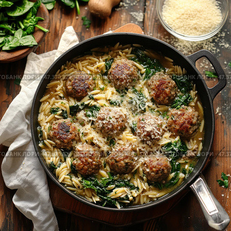 A delicious dish in a deep frying pan: minced meatballs, orzo pasta, spinach and grated parmesan. Everything looks hearty and flavorful, served on a wooden table with a cloth napkin. In the background, you can see the ingredients - fresh spinach and cheese. The dish is made in the home tradition, perfect for a cozy lunch or dinner. Warm tones and textures emphasize comfort and taste. Стоковое AI-изображение, AI-художник Анна Кривицкая / Фотобанк Лори