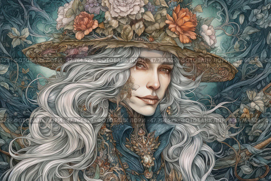 A delightful artistic illustration of a woman with long, wavy silver hair, dressed in a richly decorated fantasy costume. Her wide-brimmed hat is decorated with bright flowers, and the image itself resembles a fairy-tale priestess of nature or a forest goddess. Around her are ornate leaves, flowers and patterns, emphasizing the magical atmosphere. Subtle details, complex composition and fantasy aesthetics make this image ideal for themes: nature, fantasy, feminine magic, fairy-tale characters, art. Стоковое AI-изображение, AI-художник Анна Кривицкая / Фотобанк Лори