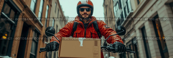 A delivery rider in a red jacket and helmet rides a motorcycle through a snowy urban area, skillfully handling a box on the handlebars. Стоковое AI-изображение, AI-художник Данила Большаков / Фотобанк Лори
