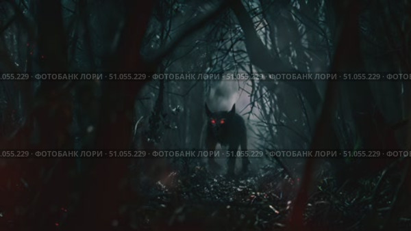 A demon resides in the heart of a dark, foreboding forest, surrounded by twisted trees and eerie shadows. Стоковое AI-видео, аниматор Данила Большаков / Фотобанк Лори
