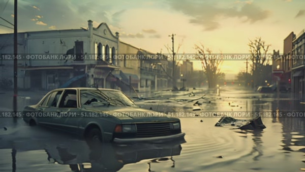 A deserted town experiences severe flooding at sunset, with cars partially submerged and debris scattered across the streets. Стоковое AI-видео, аниматор Данила Большаков / Фотобанк Лори