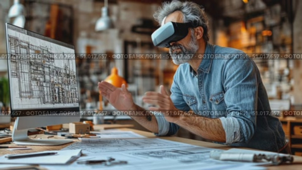 A designer engages with detailed architectural plans using virtual reality technology in a creative workshop environment. Стоковое AI-видео, аниматор Данила Большаков / Фотобанк Лори