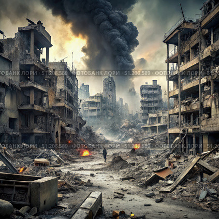 A Desolate Cityscape After a Devastating War. Generative AI. Стоковое AI-изображение, AI-художник Roman Zavorotny / Фотобанк Лори
