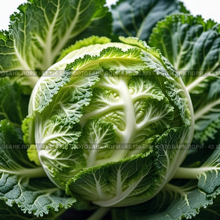 A detailed close-up of a fresh savoy cabbage shows the intricate patterns of its leaves, veined textures. Savoy cabbage Brassica oleracea L convar capitata var sabauda is vegetable crop. Generated AI. Стоковое AI-изображение, AI-художник Юлия Петровская / Фотобанк Лори