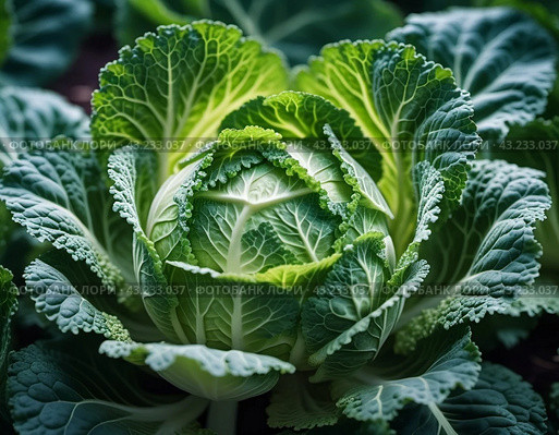 A detailed close-up of a fresh savoy cabbage shows the intricate patterns of its leaves, veined textures. Savoy cabbage Brassica oleracea L convar capitata var sabauda is vegetable crop. Generated AI. Стоковое AI-изображение, AI-художник Юлия Петровская / Фотобанк Лори