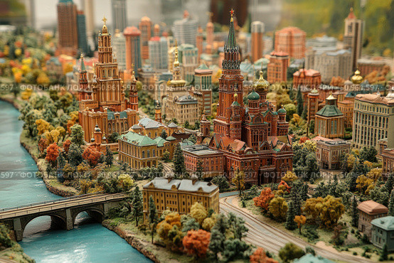 A detailed model of a cityscape with elements of classical Russian architecture. In the foreground are miniature copies of churches, towers and residential buildings in bright autumn colours. A bridge over the river, cobbled streets and various vegetation are visible. The composition conveys the atmosphere of the historical centre of a large city. Suitable for themes of urban studies, architecture, modelling and cultural heritage. Стоковое AI-изображение, AI-художник Анна Кривицкая / Фотобанк Лори