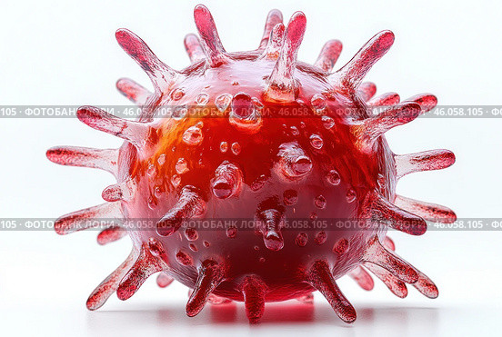 A detailed model of a virus, reminiscent of well-known visualizations of virus particles, such as coronavirus. It is made in bright red and transparent tones, with spikes covering its surface. The virus looks like glass or gel, with a shiny surface, creating the effect of a realistic macro image. The background is white, which emphasizes the contrast and aggressiveness of its shape. Стоковое AI-изображение, AI-художник Анна Кривицкая / Фотобанк Лори