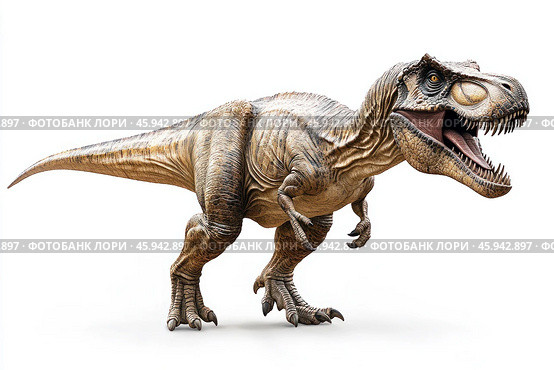 A detailed tyrannosaurus rex on a white background. Its powerful body is covered in textured, scaly skin with shades of brown and gray, which emphasizes its massiveness and antiquity. The head is large, with an open mouth, revealing sharp teeth designed to tear prey. The eyes of the predator have a yellow tint and a piercing gaze, creating a sense of strength and menace. The front legs of the tyrannosaurus are short, but with sharp claws, and the hind limbs are powerful, with large claws capable of supporting its weight. The tail is long and strong, serving for balance. The overall composition emphasizes the predatory nature of this ancient creature and its dominant role in the Mesozoic ecosystem. Стоковое AI-изображение, AI-художник Анна Кривицкая / Фотобанк Лори