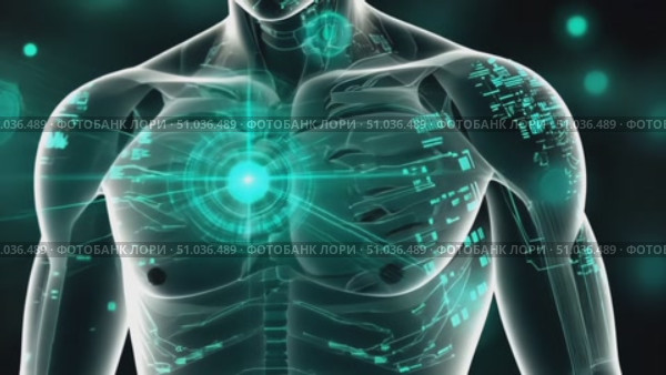 A detailed view of a digitally enhanced human figure showing advanced technology merging with anatomy in an urban setting during sunset. Стоковое AI-видео, аниматор Данила Большаков / Фотобанк Лори