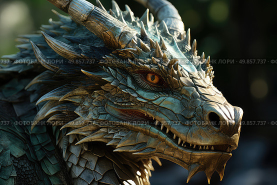 A detailed view of a dragons head featuring prominent horns, showcasing intricate scales and menacing facial features. Стоковое AI-изображение, AI-художник Данила Большаков / Фотобанк Лори