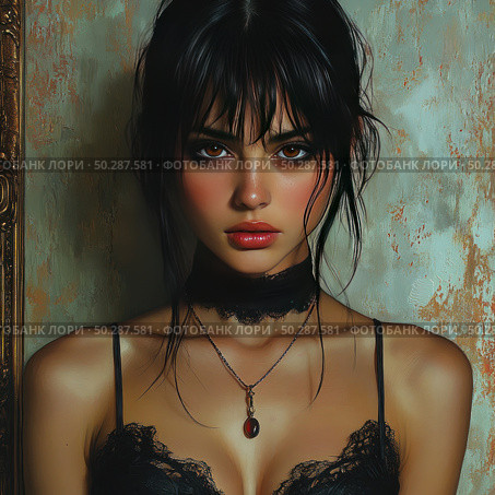 A digital art portrait of a young woman with expressive facial features, drawn in a realistic manner with elements of painting. The girl with dark hair and bangs poses against the background of an aged wall. She is dressed in black lace lingerie, decorated with a black choker and a pendant with a red stone, which gives the image a gothic and romantic atmosphere. Her gaze is directed straight into the camera, it is deep and mysterious. The lighting is soft, emphasizing the texture of the skin and fabric. The illustration is made with high quality rendering, perfect for art platforms, dark romantic collections and gothic aesthetics. Стоковое AI-изображение, AI-художник Анна Кривицкая / Фотобанк Лори
