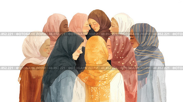 A digital painting of a group of women standing in a circle, all wearing colorful hijabs. The women are facing inward, with their heads bowed, creating a sense of intimacy and unity. Стоковое AI-изображение, AI-художник Данила Большаков / Фотобанк Лори