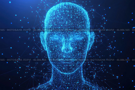A digital visualization of a human face made with a network of blue glowing dots and lines connecting them. It looks like an abstract hologram or artificial intelligence personifying a digital personality. The background is dark blue with scattered glowing particles, creating an atmosphere of future technologies and computer networks. Стоковое AI-изображение, AI-художник Анна Кривицкая / Фотобанк Лори