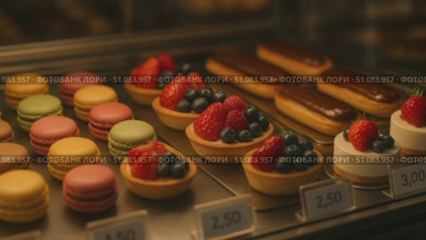 A display of colorful pastries including macarons, fruit tarts, and éclairs in a bakery. The desserts are arranged neatly with price tags visible. Стоковое AI-видео, аниматор Nart / Фотобанк Лори