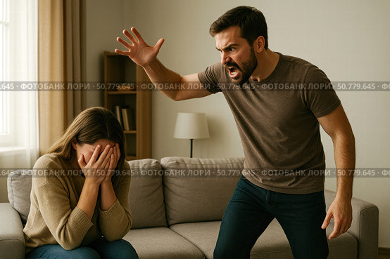 A Disturbing Scene of Conflict: A Man Exhibiting Anger While a Woman Covers Her Face in a Relationship Crisis. Стоковое AI-изображение, AI-художник Башкирова Анна / Фотобанк Лори