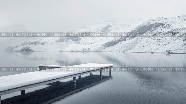 A dock on a lake covered in snow, showcasing winter scenery with a tranquil atmosphere. Стоковое AI-изображение, AI-художник Данила Большаков / Фотобанк Лори