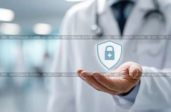 A doctor holding a shield with a cross on it. Стоковое AI-изображение, AI-художник Ярославский Максим / Фотобанк Лори