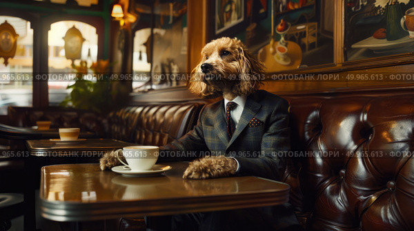 A dog dressed in a suit sitting at a table, holding a cup of coffee. Стоковое AI-изображение, AI-художник Данила Большаков / Фотобанк Лори