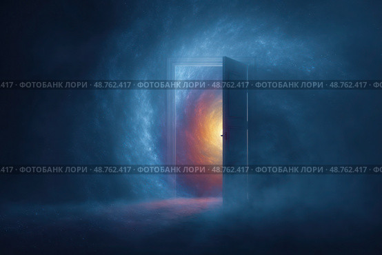 A door is open in a dark room with a blue background. Стоковое AI-изображение, AI-художник Ярославский Максим / Фотобанк Лори