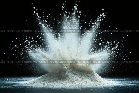 A dramatic moment of explosion or dispersion of white powder reminiscent of flour, powdered sugar or talc. The splash of particles creates a dynamic composition against a contrasting black background, making each speck of dust visible. Light emphasizes the texture and airiness of the substance, giving the scene a slow-motion effect and artistic expressiveness. Стоковое AI-изображение, AI-художник Анна Кривицкая / Фотобанк Лори