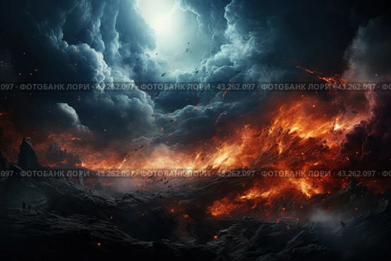 A dramatic scene depicting the clash of elements. The dark sky with thick clouds and glimpses of light contrasts with the fiery lava bursting from the ground. Orange-red flames mix with black smoke and ash, creating a feeling of apocalypse and natural power. The rocks and ground are covered in signs of destruction and ash, giving the scene a harsh and majestic appearance. In the distance you can see small silhouettes of people, adding scale and drama to what is happening. Стоковое AI-изображение, AI-художник Анна Кривицкая / Фотобанк Лори