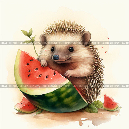 A drawing of a cute hedgehog eating a slice of watermelon,Generative AI. Стоковое AI-изображение, AI-художник Анна Кривицкая / Фотобанк Лори