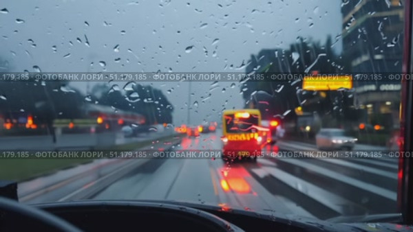 A driver navigates a busy city during a rainy evening, with colorful lights and reflections on the wet pavement. Стоковое AI-видео, аниматор Данила Большаков / Фотобанк Лори