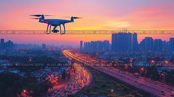 A drone hovers above a busy highway as the sun sets, illuminating the city skyline with warm colors and capturing the hustle of evening commutes. Стоковое AI-изображение, AI-художник Данила Большаков / Фотобанк Лори