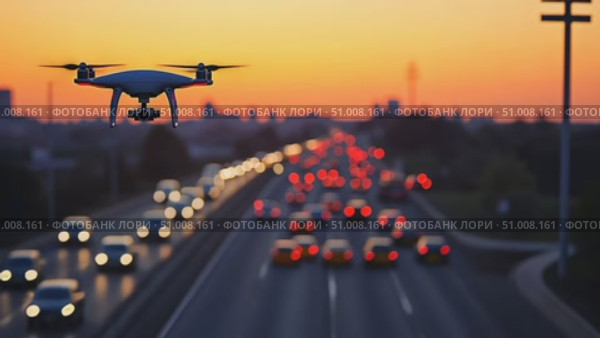 A drone hovers above a busy highway, highlighting the vibrant flow of vehicles as the sun sets in the background, creating a stunning visual contrast. Стоковое AI-видео, аниматор Данила Большаков / Фотобанк Лори