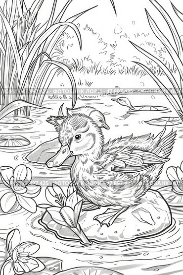 A duck perched on a vibrant green lily pad in a calm pond. Стоковое AI-изображение, AI-художник Данила Большаков / Фотобанк Лори