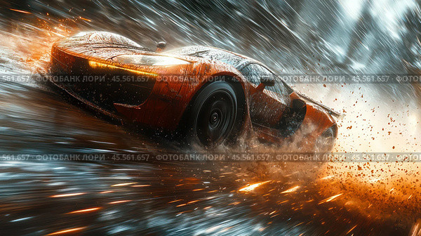 A dynamic action shot capturing a race car speeding down the track, kicking up a cloud of dust and debris. Стоковое AI-изображение, AI-художник Ярославский Максим / Фотобанк Лори