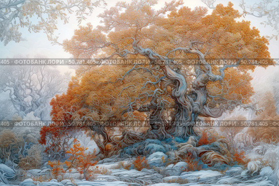 A fabulous illustration of an ancient magical tree with intricately curved trunks and branches covered in bright orange foliage. The atmosphere of an enchanted forest with soft snow cover and vegetation painted in cold blue and warm ochre shades reigns around. The branches of the tree resemble intricate carvings, creating a feeling of a living creature. The picture is filled with magic, a sense of silence and fairy-tale peace - an ideal image for themes related to nature, fantasy, mysticism and winter atmosphere. Стоковое AI-изображение, AI-художник Анна Кривицкая / Фотобанк Лори