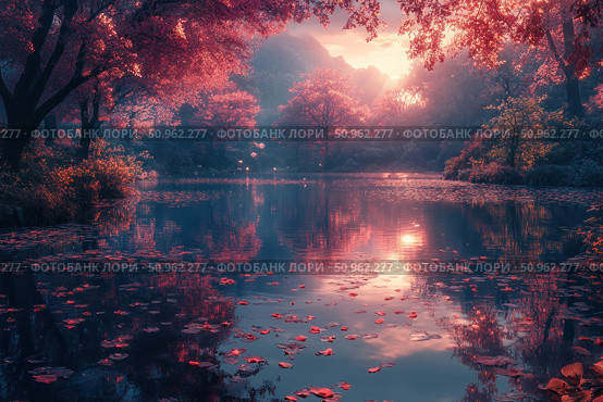 A fabulous landscape with a lake surrounded by trees painted in pink and red tones. The setting sun breaks through the treetops, softly illuminating the water, on the surface of which autumn leaves float. Silence, magic and a light haze are in the air. An ideal image for the themes of nature, solitude, dreams, tranquility and inspiration. Стоковое AI-изображение, AI-художник Анна Кривицкая / Фотобанк Лори