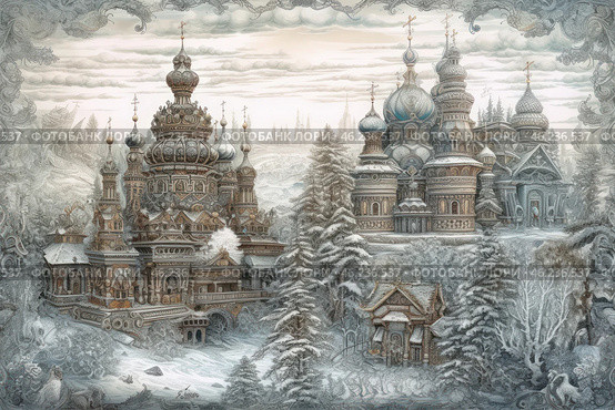 A fairytale image of a winter Russian city with majestic cathedrals in the traditional Old Russian style. The temples are decorated with carved patterns, onion-shaped domes and golden crosses. The facades of the buildings are richly decorated, and the surrounding nature is covered with snow, creating an atmosphere of silence and mystery. In the foreground, snow-covered fir trees and small wooden houses are visible, emphasizing the coziness and originality of the landscape. The ornamental frame with ornate details gives the image artistic depth and emphasizes its fantasy style. Стоковое AI-изображение, AI-художник Анна Кривицкая / Фотобанк Лори