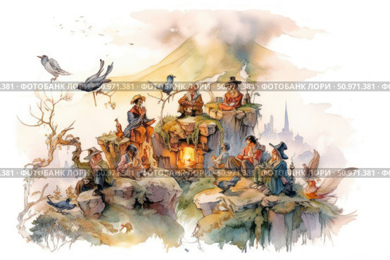 A fairytale watercolor illustration depicting wise men sitting on the tops of rocks by the fire, surrounded by birds and mythical creatures. The atmosphere is cozy, magical and ancient wisdom, as if this is a gathering of storytellers or keepers of knowledge in a fantasy world. In the background is a misty silhouette of a mountain and a medieval city. The painting is done in soft pastel colors using watercolor technique. Ideal for children's books, board games, illustrations for fairy tales, fantasy projects and magazines. Стоковое фото, фотограф Анна Кривицкая / Фотобанк Лори