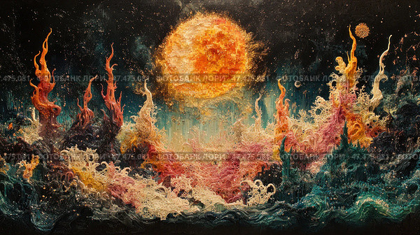 A fantastic abstract composition with a powerful expression of color and form. In the center is a huge flaming luminary, similar to the sun or a star, shrouded in gold and orange flashes. Below is a seething and chaotic landscape reminiscent of flames, reefs or an eruption of energy. Visually, the work looks like a mix of impasto painting and digital abstraction, with bright textures reminiscent of splashes of paint, foam or lava. The color scheme is saturated: fiery red, coral, turquoise, gold and dark blue shades create a sense of explosive dynamics. The painting seems to be an image of another world or energy dimension. Стоковое AI-изображение, AI-художник Анна Кривицкая / Фотобанк Лори
