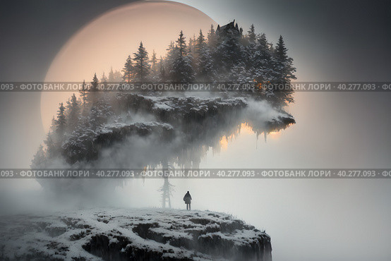 A fantastic cliff looking like giant wolf, warg Fenrir, looking at you trough snow covered trees in the northern forest at twilight. AI generative. Стоковое AI-изображение, AI-художник Сергей Старуш / Фотобанк Лори