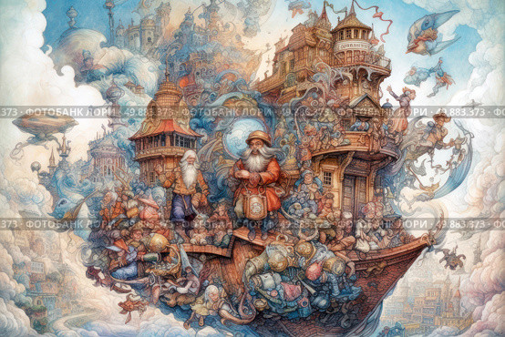 A fantastic illustration in the steampunk and fantasy style, executed with high detail. The image is a house ship floating in the clouds, filled with many fairy-tale characters, gnomes, wizards and mechanical creatures. The architecture combines elements of ancient wooden buildings and fantasy towers with ornate decorations. In the foreground, two main characters stand out - a wise old man with a long beard and a man in a red cloak and hat. Life is in full swing around them, many small creatures are active. Airships, fantasy creatures and flying machines soar in the sky. The atmosphere of the image is filled with movement, magic and the spirit of adventure. Стоковое AI-изображение, AI-художник Анна Кривицкая / Фотобанк Лори