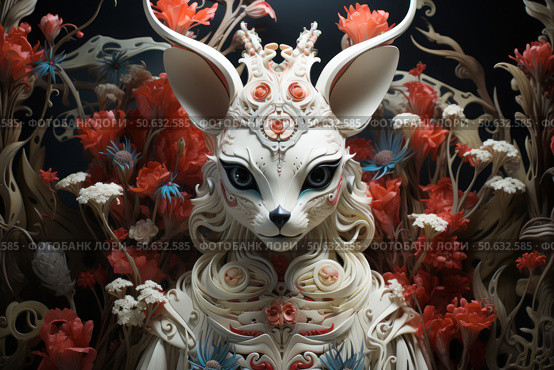 A fantastic image of a mystical creature, reminiscent of a hybrid of a cat and a forest spirit, made in a decorative style with elements of Baroque and Art Nouveau. The creature with large expressive eyes is decorated with intricate curls and patterns, as if carved from ivory. Around it are bizarre flowers in red, blue and cream shades, creating a fairy-tale atmosphere. The composition radiates a sense of mystery, magic and symbolism, as if it were a guardian of an ancient forest or a character from myths. Стоковое AI-изображение, AI-художник Анна Кривицкая / Фотобанк Лори