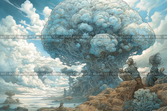 A fantastic landscape with a giant tree resembling a mushroom cloud. Its dense crown consists of billowing clouds intertwined with branches, creating the effect of a living, breathing structure. Two people sit on a rock and watch this majestic phenomenon, as if something great and mystical is unfolding before them. In the distance, other similar trees and cloud formations are visible, which creates the feeling of another world, where nature and sky merge. The color palette is made in cool blue and gray tones, emphasizing the fantastic atmosphere. Стоковое AI-изображение, AI-художник Анна Кривицкая / Фотобанк Лори