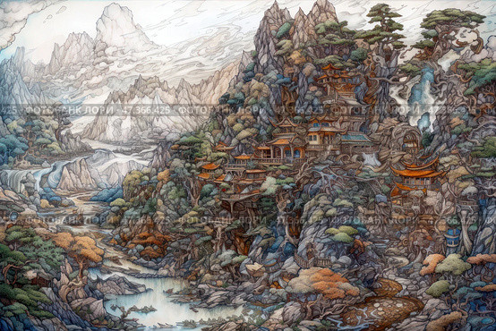 A fantastic mountain landscape reminiscent of ancient oriental scrolls. Along the slopes of high cliffs there is an entire city, organically integrated into nature. Multi-level pagodas and temples with curved roofs cling to stone ledges, surrounded by centuries-old trees, waterfalls and streams. Between the buildings there are bridges, paths, stairs, as if carved out of the rocks. In the background there are majestic peaks drowning in clouds. Water flows everywhere: winding rivers, lakes, cascades. The atmosphere is peaceful, fabulous, as if this is a place hidden from the world, where sages, artists or mountain spirits live. Стоковое AI-изображение, AI-художник Анна Кривицкая / Фотобанк Лори