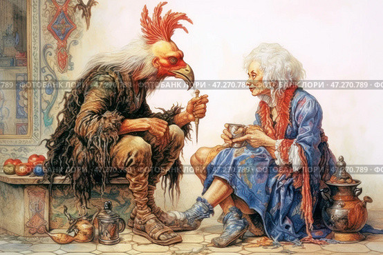 A fantastic scene, executed in the style of a fairy-tale illustration. In the center of the composition, an elderly woman in an old blue robe and with gray disheveled hair is talking to an anthropomorphic creature with the head of a rooster. The creature is dressed in rags, and its feathers are disheveled, which gives it the appearance of a wanderer or a fairy-tale character. The woman holds a cup, as if treating her guest, and the creature hands her a key, hinting at some kind of riddle or secret.The background is decorated with elements of a traditional Russian hut: ornamental paintings hang on the wall, apples lie on the shelf, an old samovar and a tea set stand. The whole scene looks cozy, but at the same time filled with mystery, as if it were an illustration for a fairy tale or an old legend. Стоковое AI-изображение, AI-художник Анна Кривицкая / Фотобанк Лори