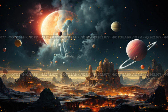A fantastic space scene with many planets and moons floating in space above an alien landscape. In the center of the composition is a large planet with bright lighting, surrounded by clouds and fog. There are numerous planets of varying sizes and colors scattered throughout the sky, including the ring planet in the foreground on the right. The surface of the alien world features high mountains and rock formations illuminated by lava or fire, creating a dramatic and mysterious feel. The atmosphere of the image is imbued with a sense of wonder and exploration of unfamiliar outer space. Стоковое AI-изображение, AI-художник Анна Кривицкая / Фотобанк Лори