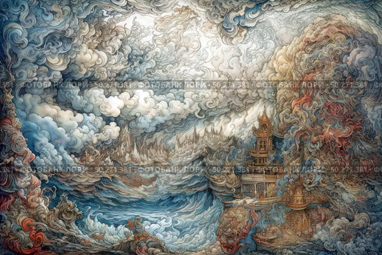 A fantastical fantasy woodcut illustration depicting a turbulent waterscape with swirling clouds, waves and surreal rock formations. On the right side is a fantastical city with towers, domes and oriental architecture, built into a mountain from which flames seem to burst forth. The entire scene is rendered in an intricate, decorative manner with an abundance of details, swirls and flowing forms, creating a sense of movement, magic and ancient mystery. Ideal for the cover of fantasy books, albums, board games, digital art and fairy tale visual stories. Стоковое AI-изображение, AI-художник Анна Кривицкая / Фотобанк Лори
