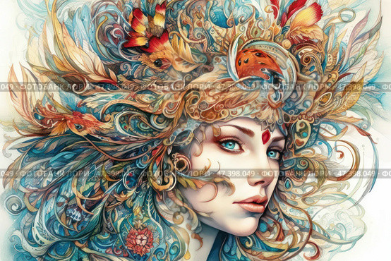 A fantasy female portrait, executed in watercolor technique with elements of Art Nouveau and fairy-tale realism. In the center is the face of a young woman with bright blue eyes and expressive features. Her head is decorated with a whimsical, detailed wreath of feathers, curls, flowers, symbols and stylized animals, including fish and birds. The composition radiates energy, movement and magic - as if nature itself, myth and the spirit of art were united in a single image. The color palette is rich: blue-turquoise, ochre, red and golden shades. Стоковое AI-изображение, AI-художник Анна Кривицкая / Фотобанк Лори